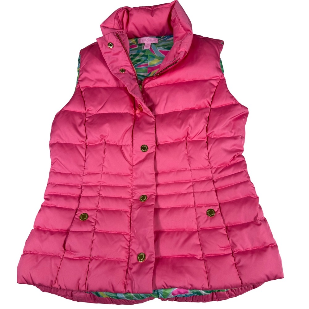 Lilly Pulitzer Vest XS Pink Puffer Sleeveless Jacket ‎ Barbie Palm Beach Style